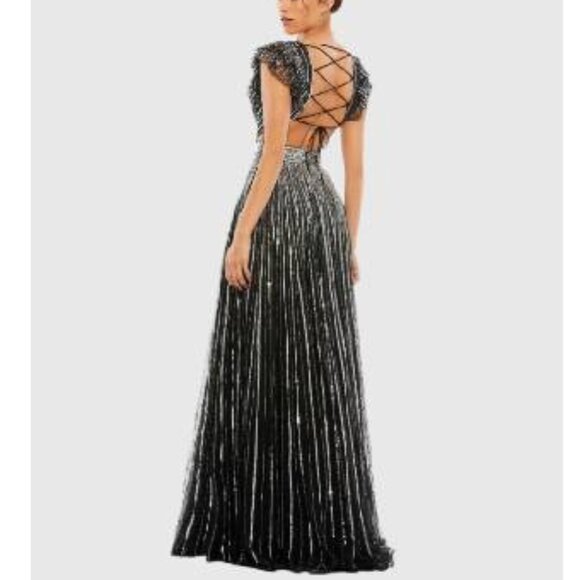 NEW MAC DUGGAL Sequined Cut Out Ruffled Cap Sleeve Lace Up Gown SIZE 8#2413* - Picture 3 of 10